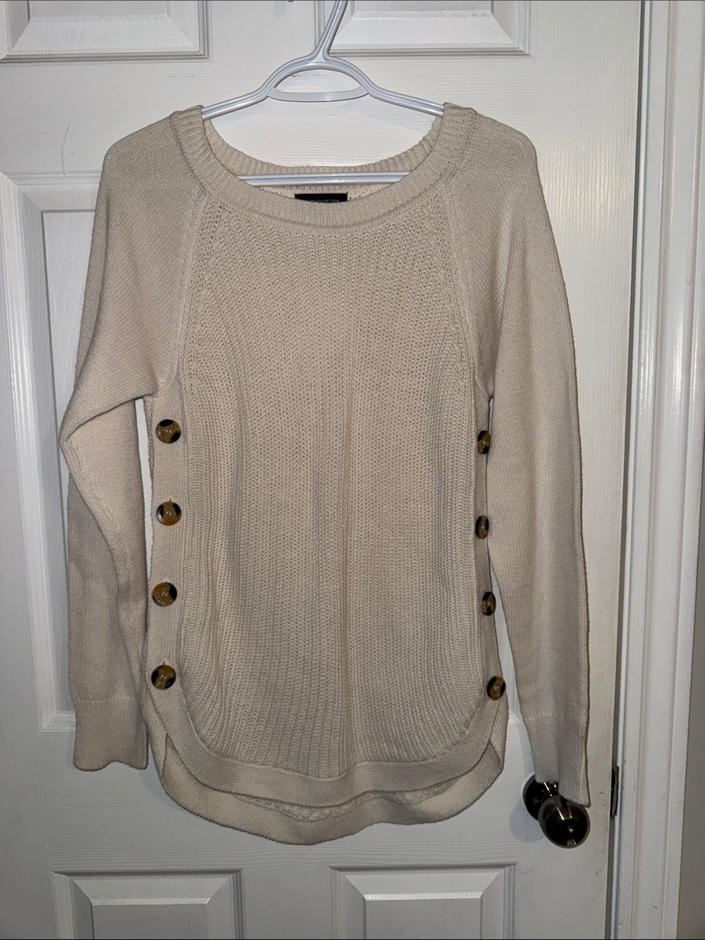 Button-Side Cream Crewneck Sweater